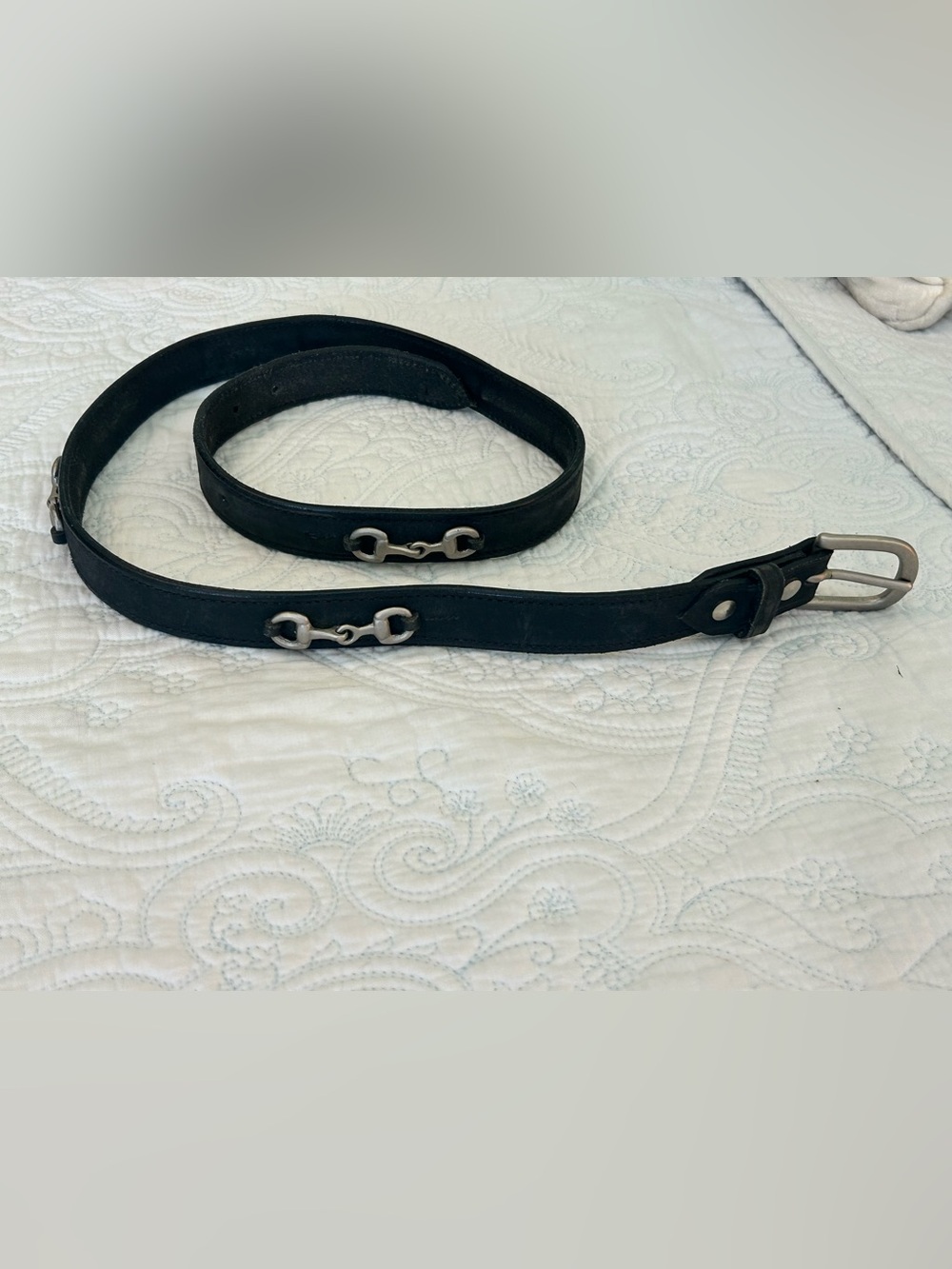 Black Leather Equestrian Belt with Silver Bit Detail - 43"